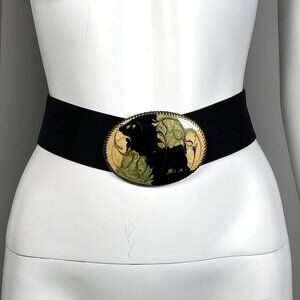 Vintage Black Elastic Belt Oval Metal Cloissone Buckle Stretch Unbranded